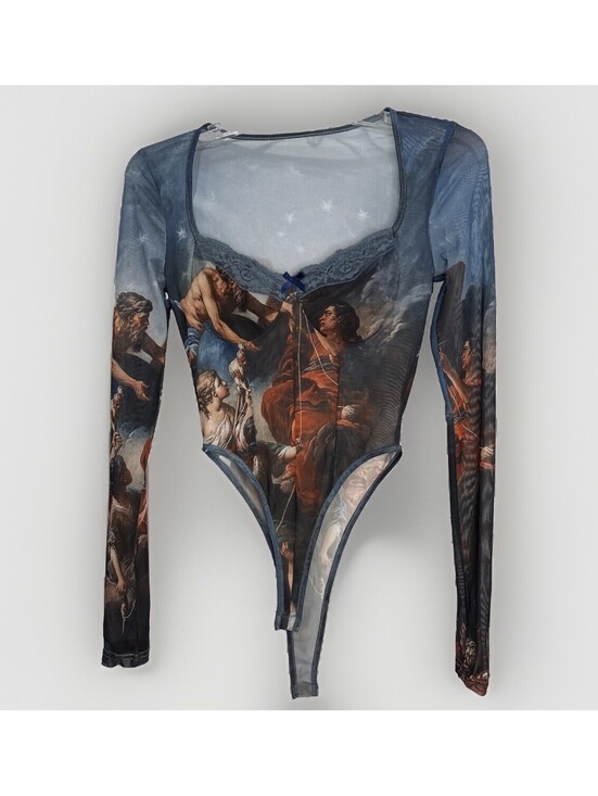cider Tops - Cider Mesh Square Neck Graphic Corset See-Through Bodysuit -